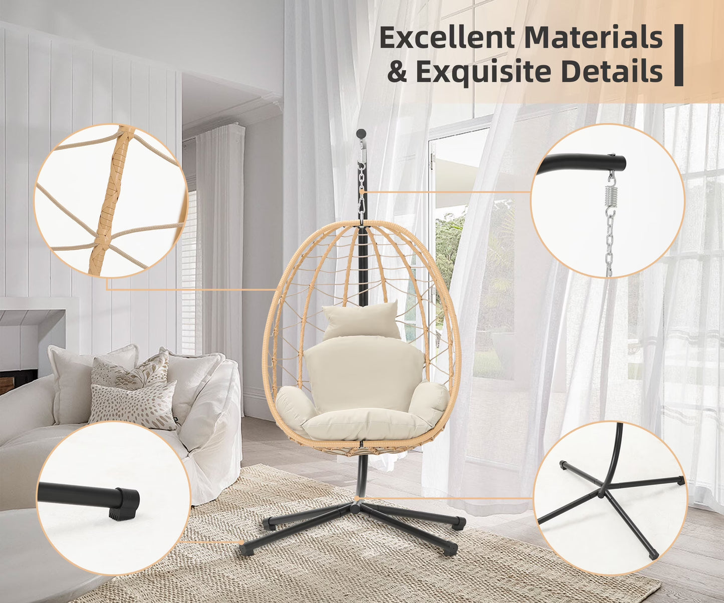 Indoor Outdoor Swing Egg Chair with Stand, Patio Wicker Hanging Egg Basket Chair with Soft Cushion 350LBS Capacity Yellow&Beige