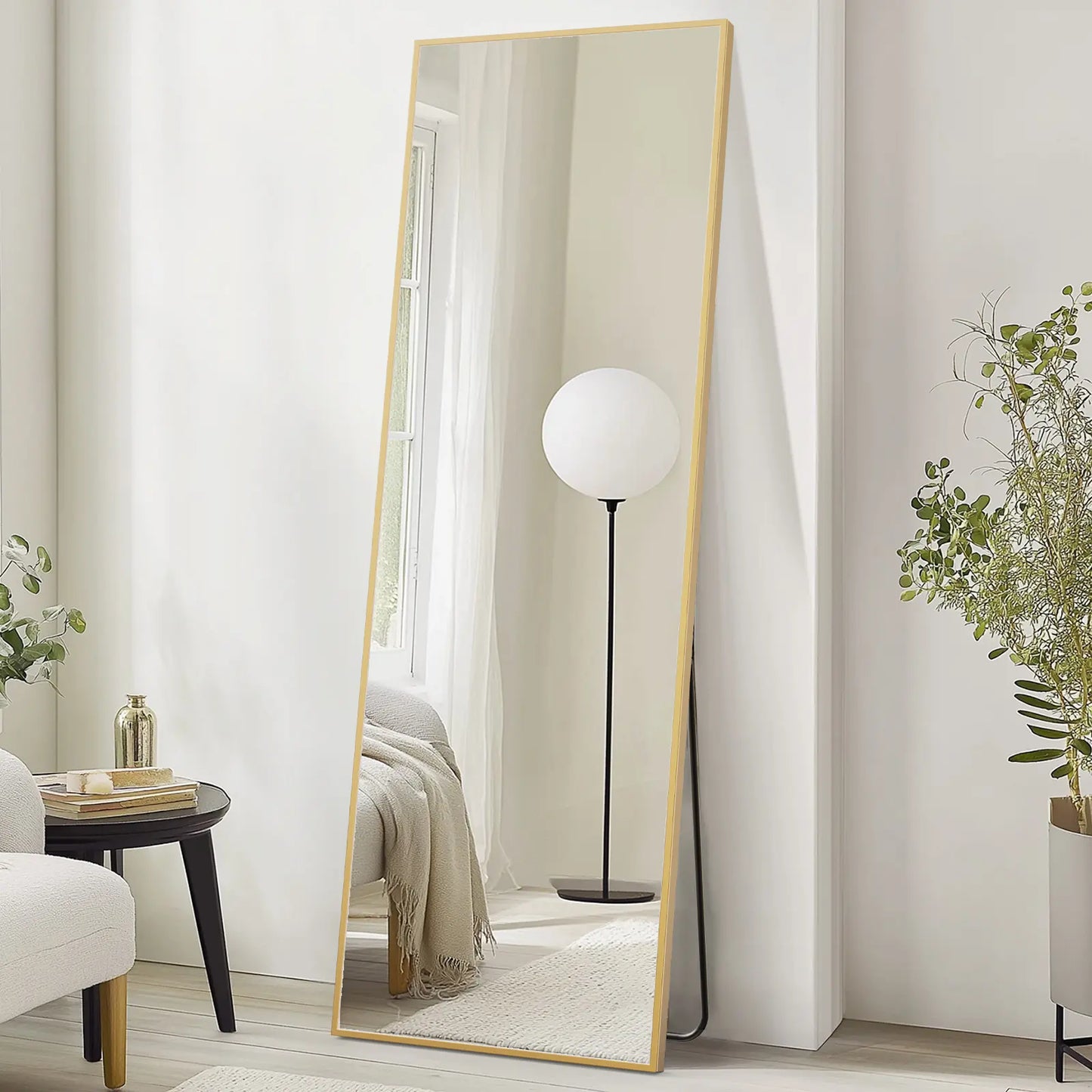 Full Length Mirror, Floor Standing Mirror with Stand, Wall Aluminum Alloy Thin Frame Hanging or Leaning for Living Room Bedroom Cloakroom Decorating