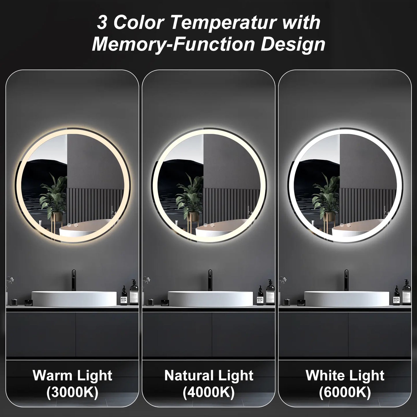 Round LED Bathroom Mirror with Lights, Circle Vanity Mirror with Anti-Fog, Dimmable, 3-Color Light, Memory Function, Tempered Glass