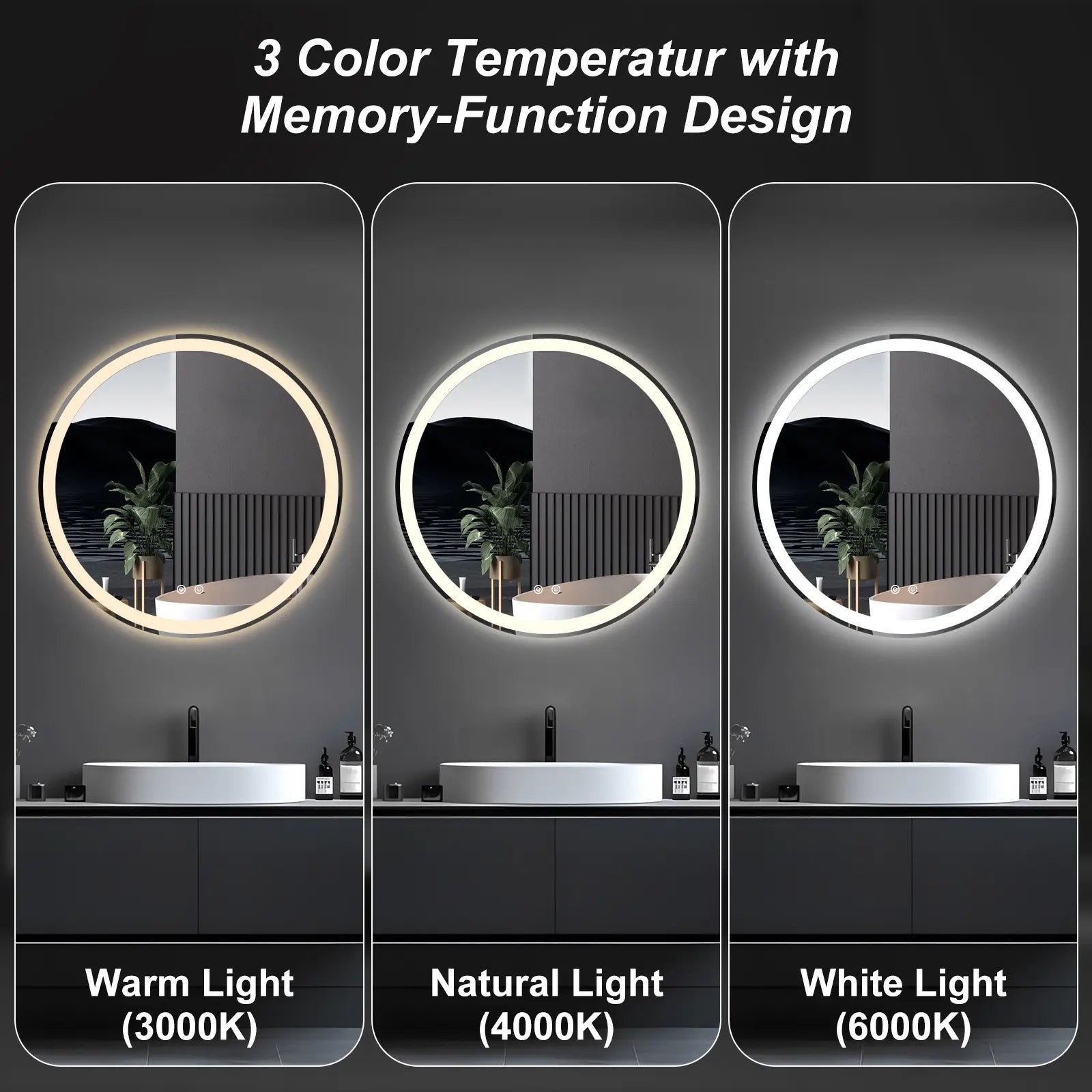 Round LED Bathroom Mirror with Lights, Circle Vanity Mirror with Anti-Fog, Dimmable, 3-Color Light, Memory Function, Tempered Glass