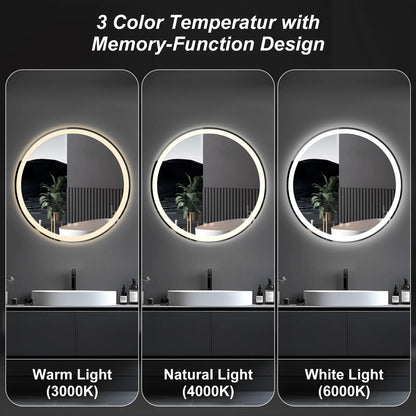 Round LED Bathroom Mirror with Lights, Circle Vanity Mirror with Anti-Fog, Dimmable, 3-Color Light, Memory Function, Tempered Glass
