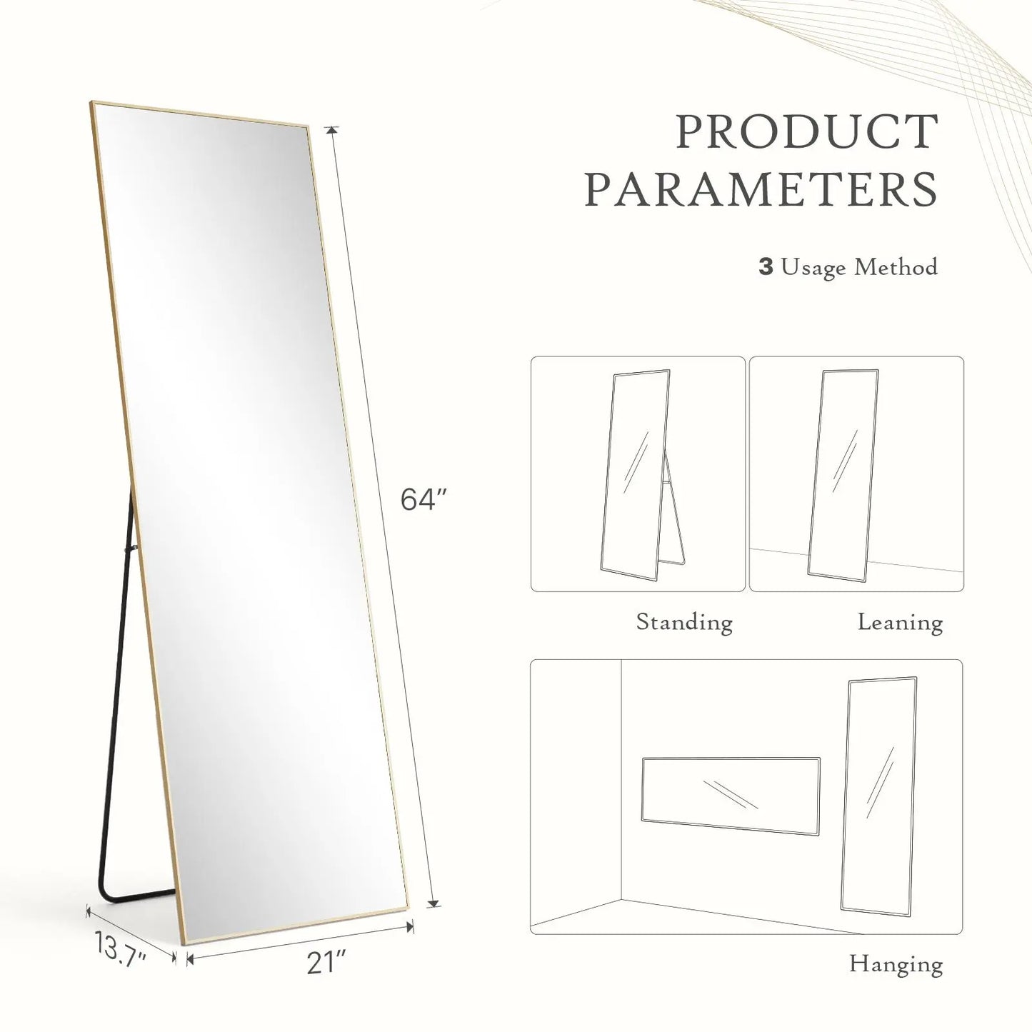 Full Length Mirror, Floor Standing Mirror with Stand, Wall Aluminum Alloy Thin Frame Hanging or Leaning for Living Room Bedroom Cloakroom Decorating