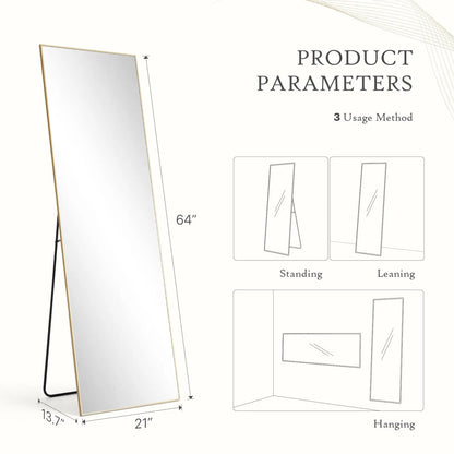 Full Length Mirror, Floor Standing Mirror with Stand, Wall Aluminum Alloy Thin Frame Hanging or Leaning for Living Room Bedroom Cloakroom Decorating