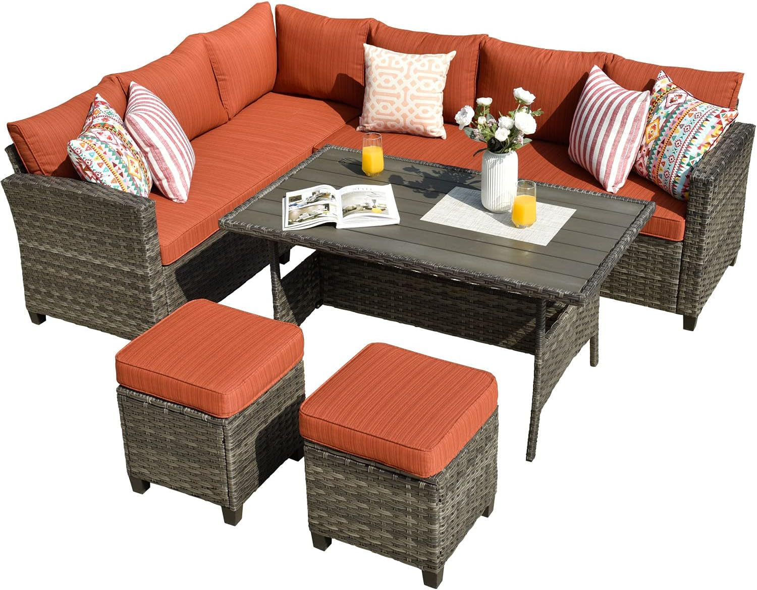 Patio Furniture Sets Patio Dining Set 5 Piece Wicker Patio Furniture Sets for 6 with Dining Table, Outdoor Furniture Sets Clearance (Orange Red)
