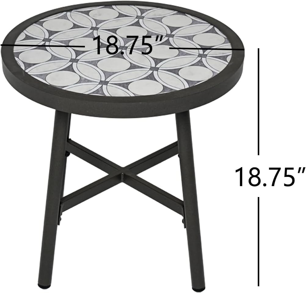 Outdoor Side Table, round End Table with Creamy White Ceramic Tile Tabletop