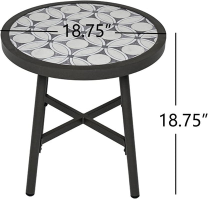Outdoor Side Table, round End Table with Creamy White Ceramic Tile Tabletop