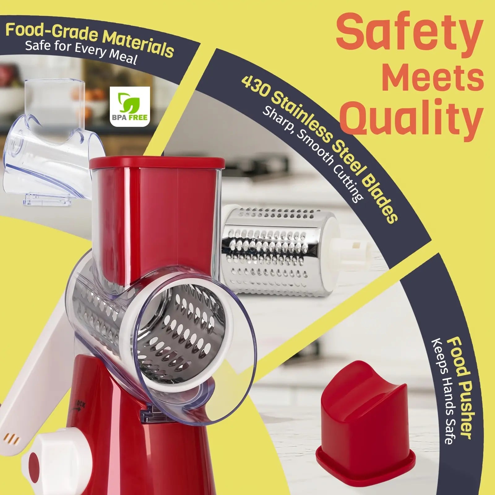Rotary Cheese Grater with Handle Vegetable Shredder with 5 Well-Designed Blades & Strong Suction Base, round Mandoline Slicer & Food Chopper with Blade Storage Box (Red)