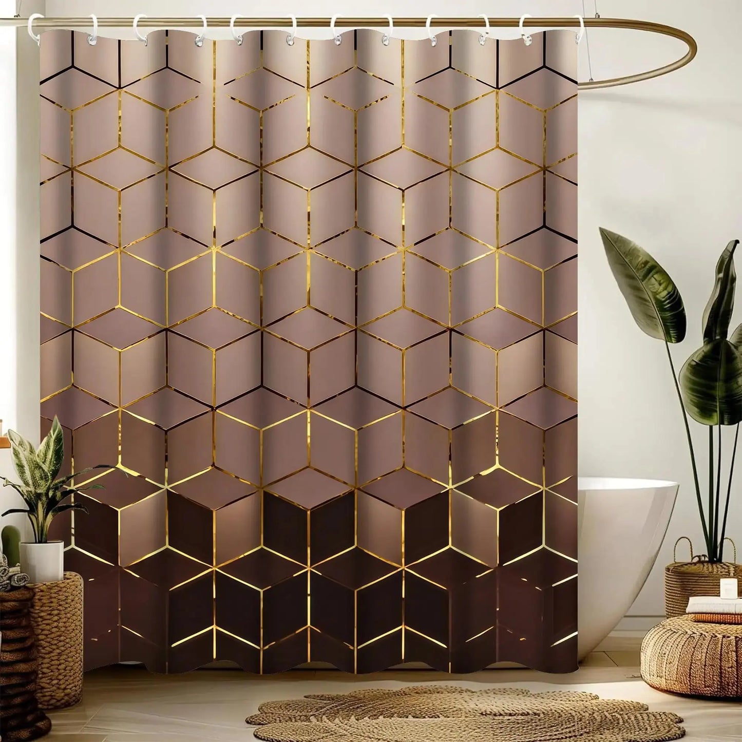 1/4 Piece Golden Cube Pattern Bathroom Set, Waterproof Shower Curtain with 12 Hooks, Non-Slip Bathroom Carpet, Toilet U-Shaped Cushion, Toilet Seat Cover Cushion, Bathroom Decoration, Bathroom Shower Curtain Set, Perfect Mobile Gift.
