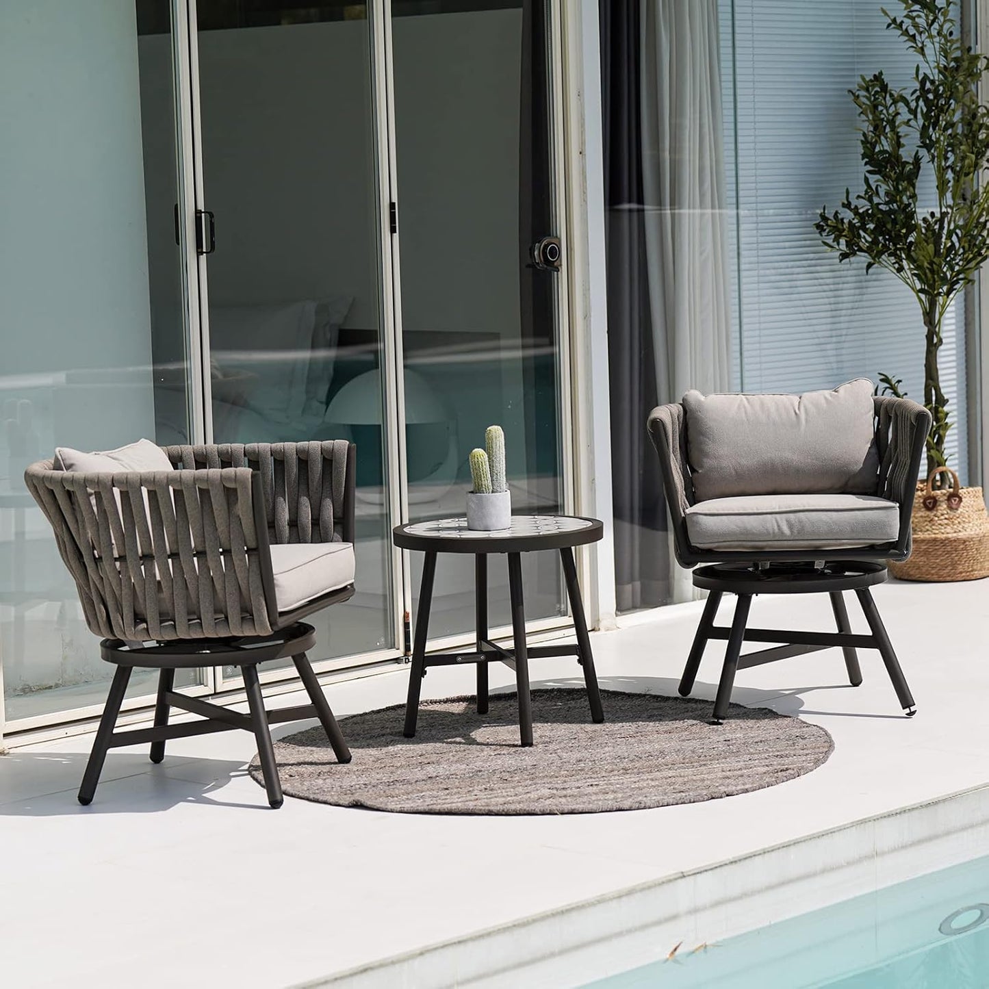 Outdoor Side Table, round End Table with Creamy White Ceramic Tile Tabletop
