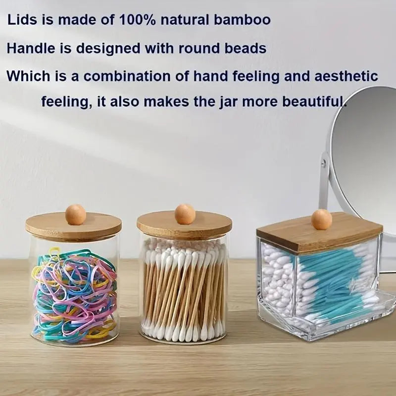 Clear Storage Jar with Wooden Lid, 3 Counts/1 Set Cotton Swab Storage Box, Bathroom Storage Container for Cotton Swab, Cotton Ball, Floss Picks