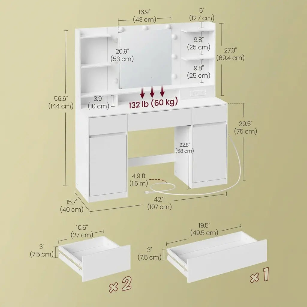 SONGMICS Vanity Desk with Mirror and 9 LED Bulbs, Vanity Makeup Table with Power Outlets, Dressing Table with 2 Cabinets, for Bedroom
