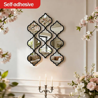 9Pcs Large Moroccan-Style Artistic Combination Decorative Wall Mounted Mirror | Classic Black, Wall Mount, Plastic Frame, Polished End - Ideal for Bathroom, Living Room, Hallway Decor, Decoration, Perfect Valentine'S Day Gift