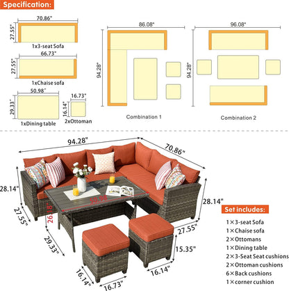 Patio Furniture Sets Patio Dining Set 5 Piece Wicker Patio Furniture Sets for 6 with Dining Table, Outdoor Furniture Sets Clearance (Orange Red)