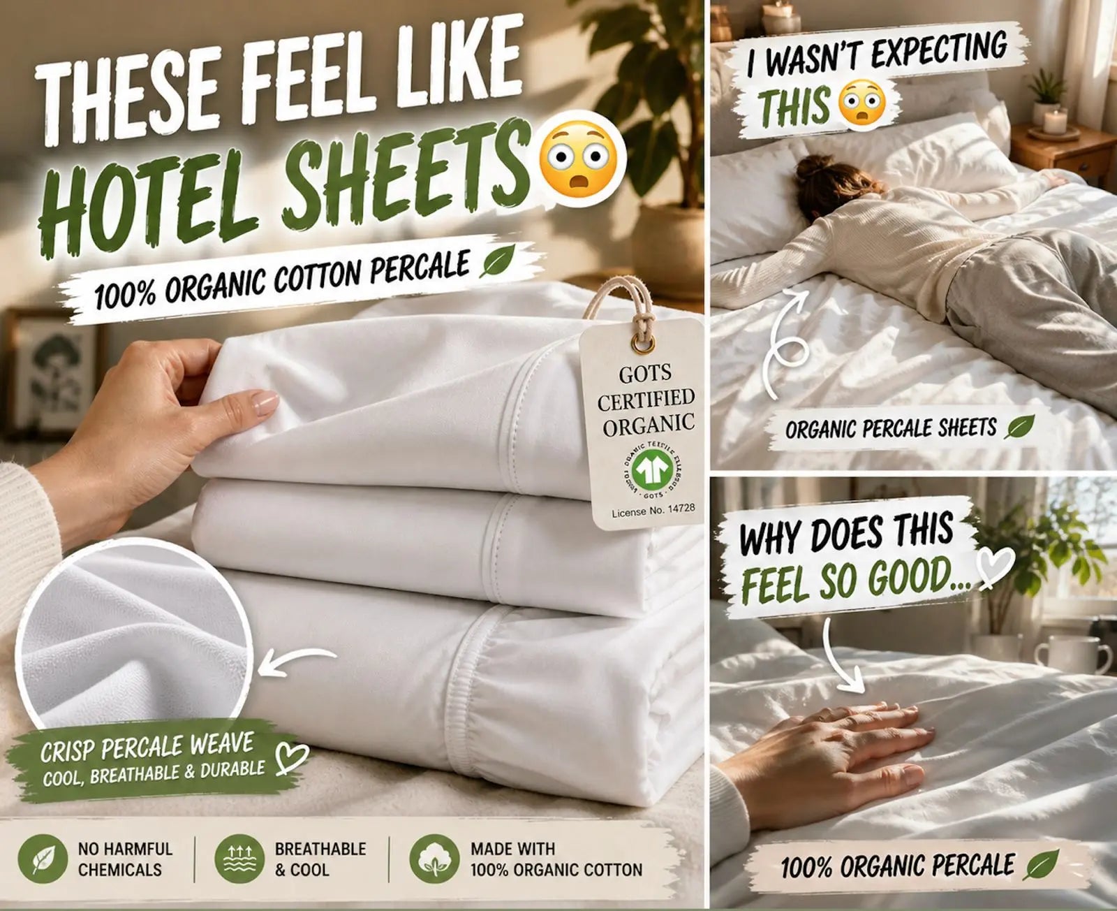 LANE LINEN 100% Organic Cotton Percale Weave Sheets Set - 15" Deep Pocket Fitted Sheet, Breathable Bedding for Dorm Rooms, White Twin Size Bed Essentials