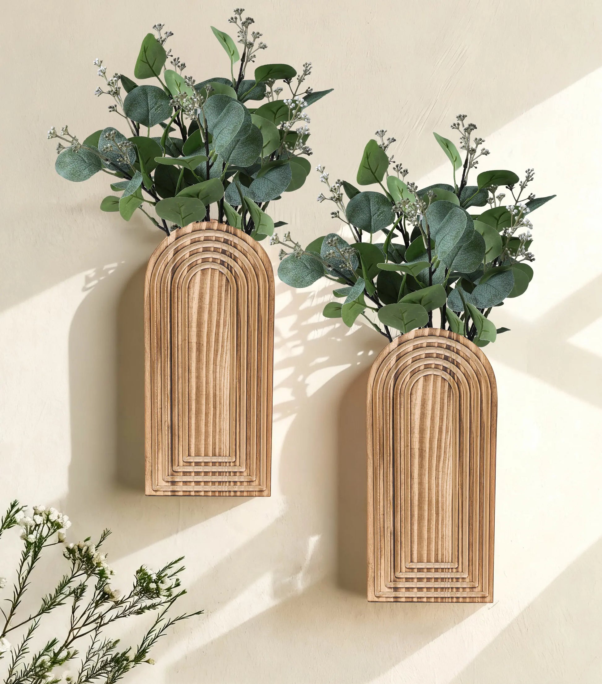 Ivydale 2 Pack Wooden Wall Vases with Fake Plants, Wall Hanging Planters Boho Modern Farmhouse Indoor for Narrow Spaces Entryway Bathroom Home Office Decoration, Brown