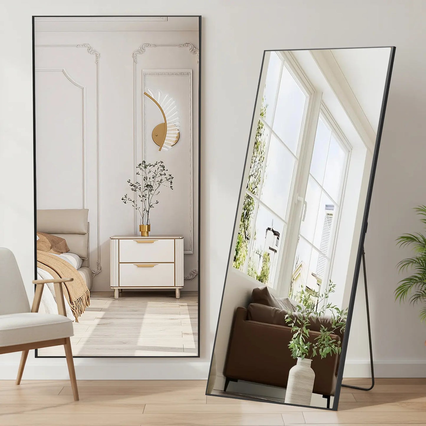 Full Length Mirror, Floor Standing Mirror with Stand, Wall Aluminum Alloy Thin Frame Hanging or Leaning for Living Room Bedroom Cloakroom Decorating