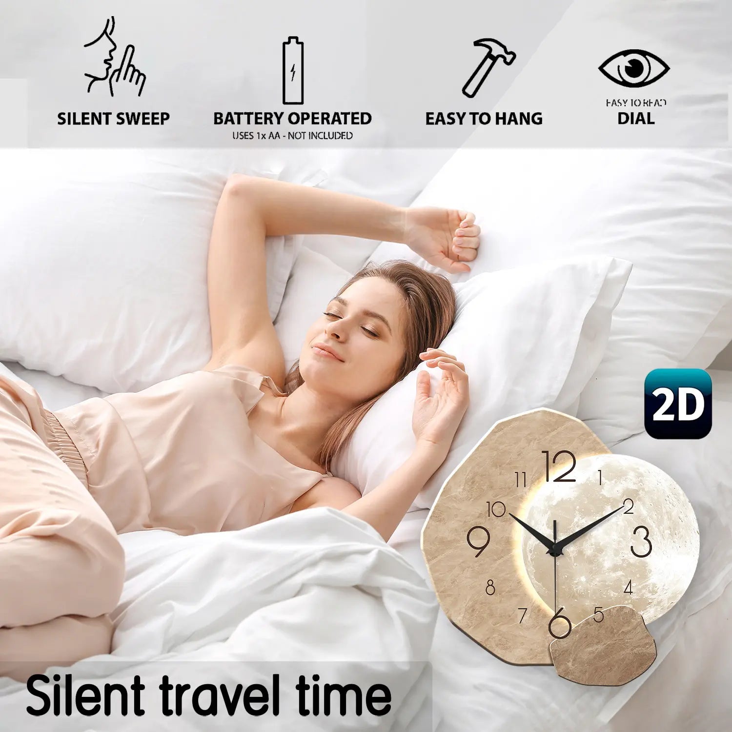 Creative Moon-Design Modern Silent Wall Clock, Decorative Clock for Home, Living Room, Bedroom & Office