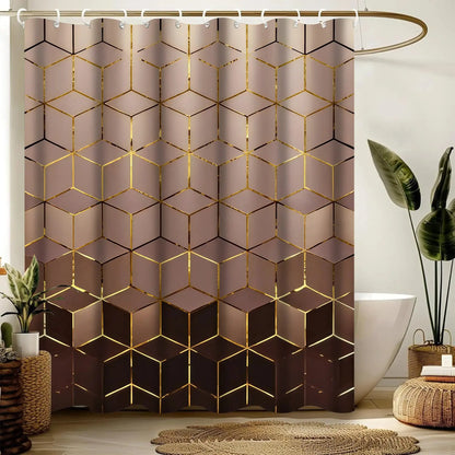 1/4 Piece Golden Cube Pattern Bathroom Set, Waterproof Shower Curtain with 12 Hooks, Non-Slip Bathroom Carpet, Toilet U-Shaped Cushion, Toilet Seat Cover Cushion, Bathroom Decoration, Bathroom Shower Curtain Set, Perfect Mobile Gift.