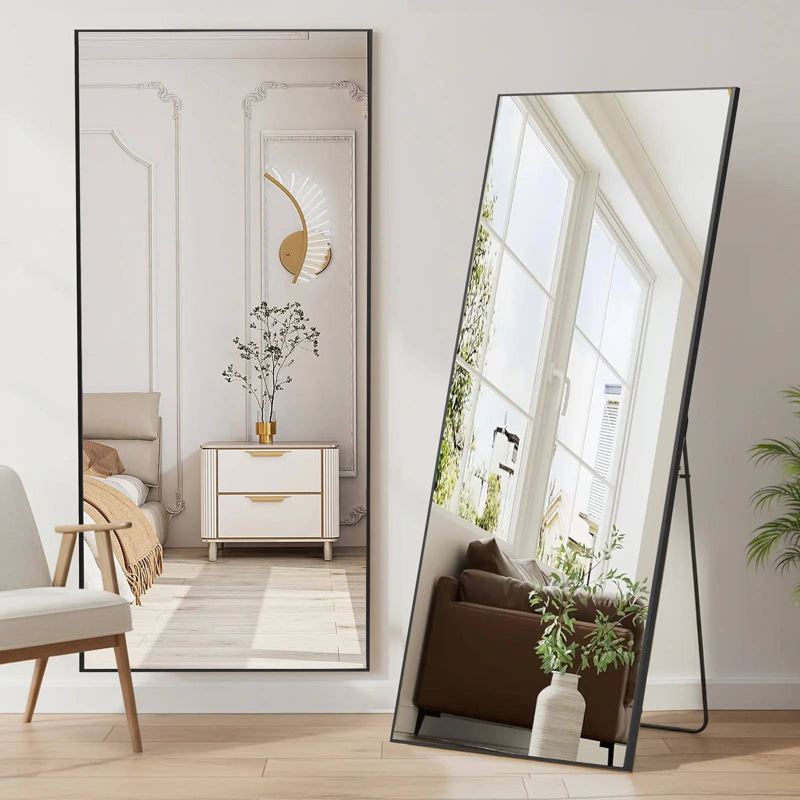 Full Length Mirror, Floor Standing Mirror with Stand, Wall Aluminum Alloy Thin Frame Hanging or Leaning for Living Room Bedroom Cloakroom Decorating