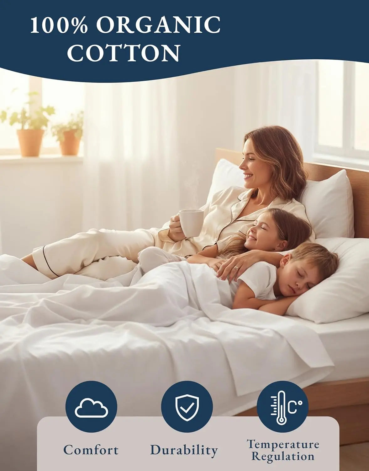LANE LINEN 100% Organic Cotton Percale Weave Sheets Set - 15" Deep Pocket Fitted Sheet, Breathable Bedding for Dorm Rooms, White Twin Size Bed Essentials