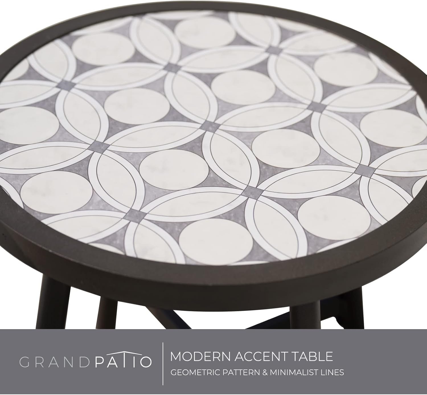 Outdoor Side Table, round End Table with Creamy White Ceramic Tile Tabletop