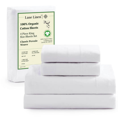 LANE LINEN 100% Organic Cotton Percale Weave Sheets Set - 15" Deep Pocket Fitted Sheet, Breathable Bedding for Dorm Rooms, White Twin Size Bed Essentials
