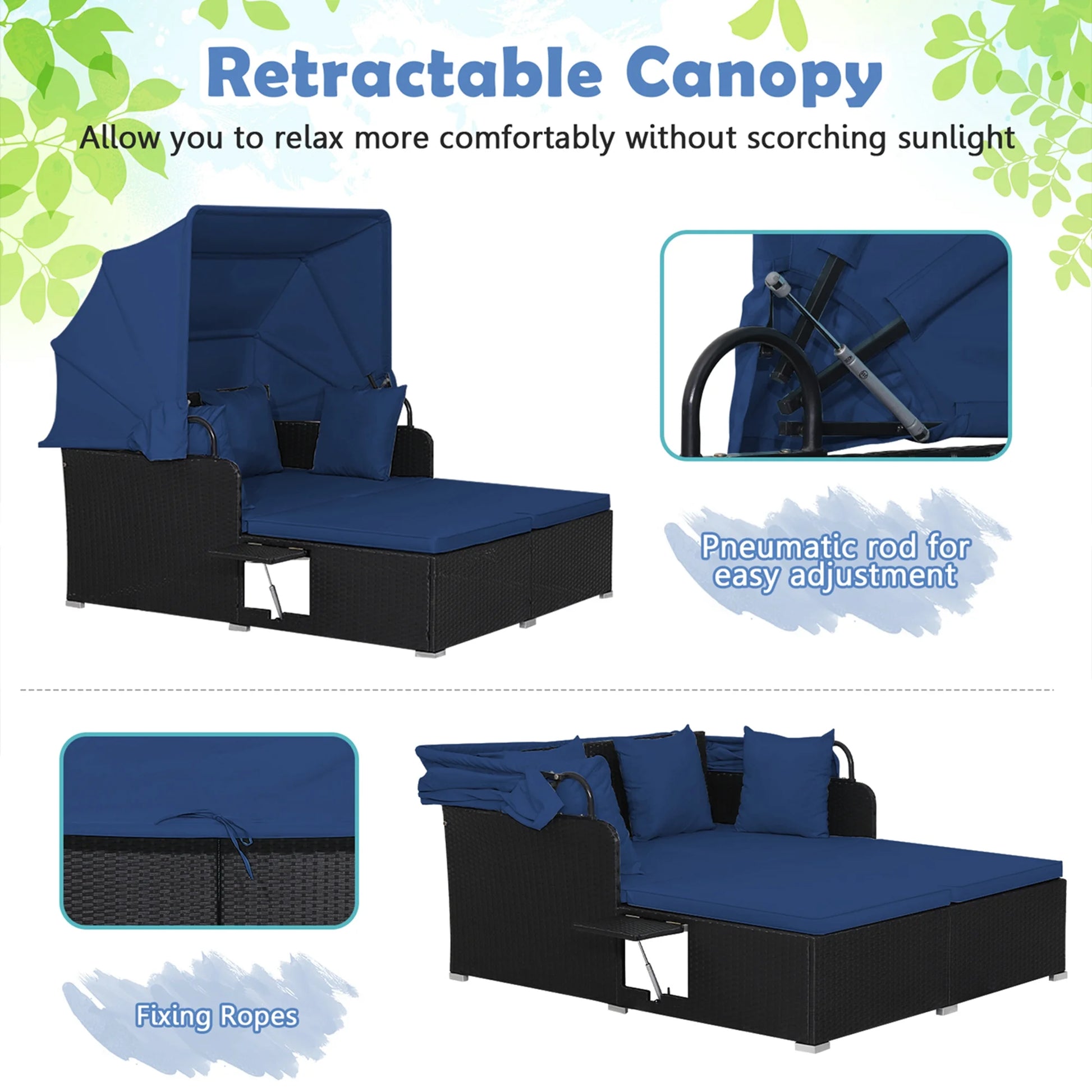 Patio Rattan Daybed Lounge Retractable Top Canopy Side Tables Cushions Navy