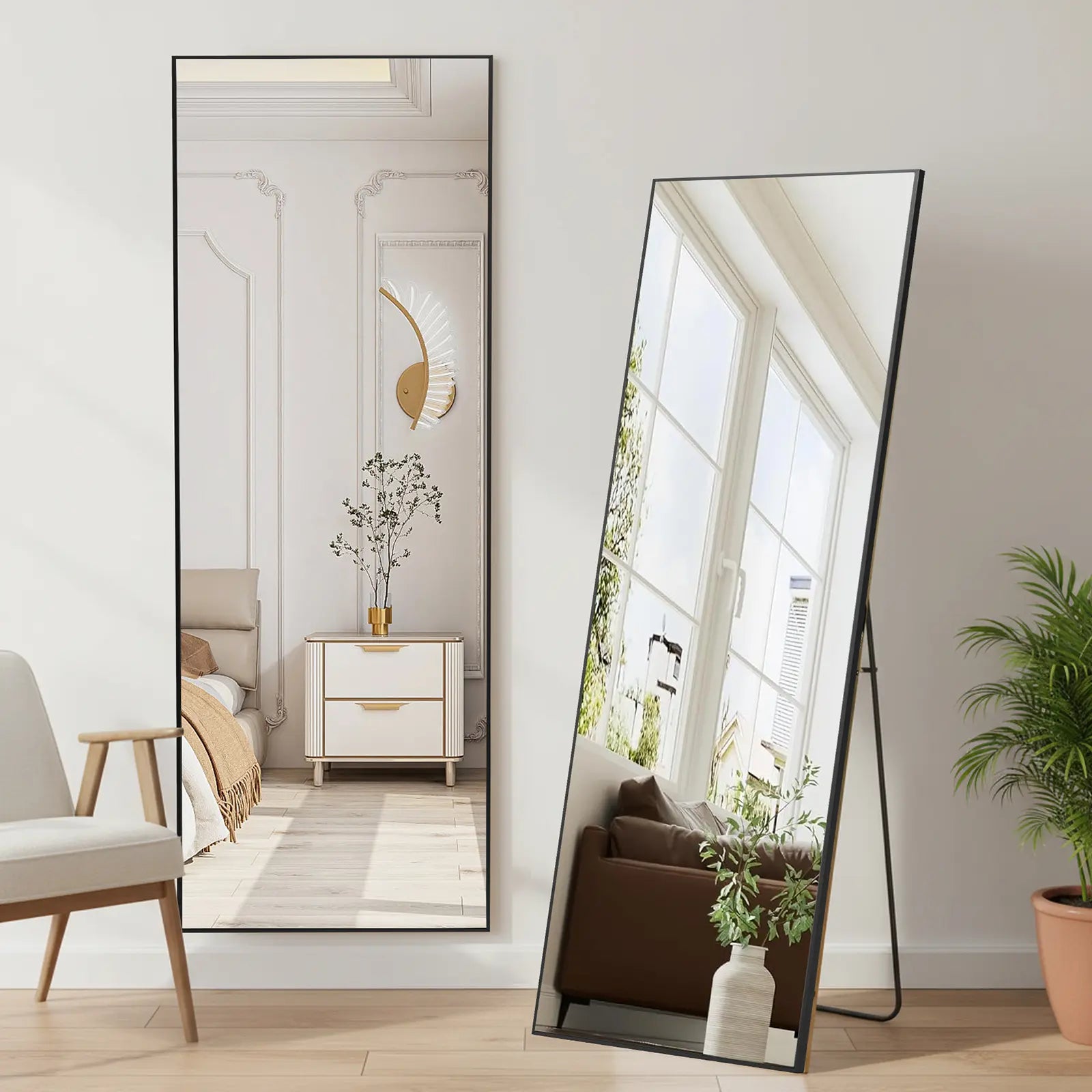 Full Length Mirror, Floor Standing Mirror with Stand, Wall Aluminum Alloy Thin Frame Hanging or Leaning for Living Room Bedroom Cloakroom Decorating