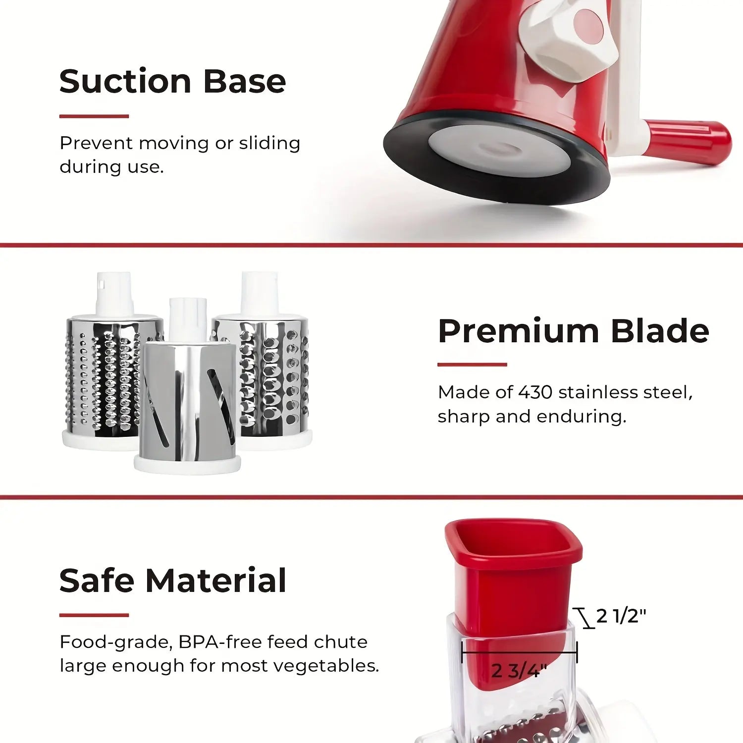 Rotary Cheese Grater with Handle Vegetable Shredder with 5 Well-Designed Blades & Strong Suction Base, round Mandoline Slicer & Food Chopper with Blade Storage Box (Red)