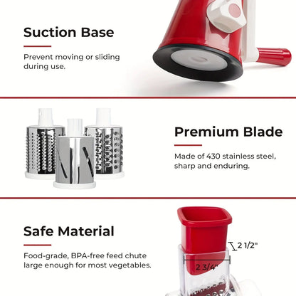 Rotary Cheese Grater with Handle Vegetable Shredder with 5 Well-Designed Blades & Strong Suction Base, round Mandoline Slicer & Food Chopper with Blade Storage Box (Red)