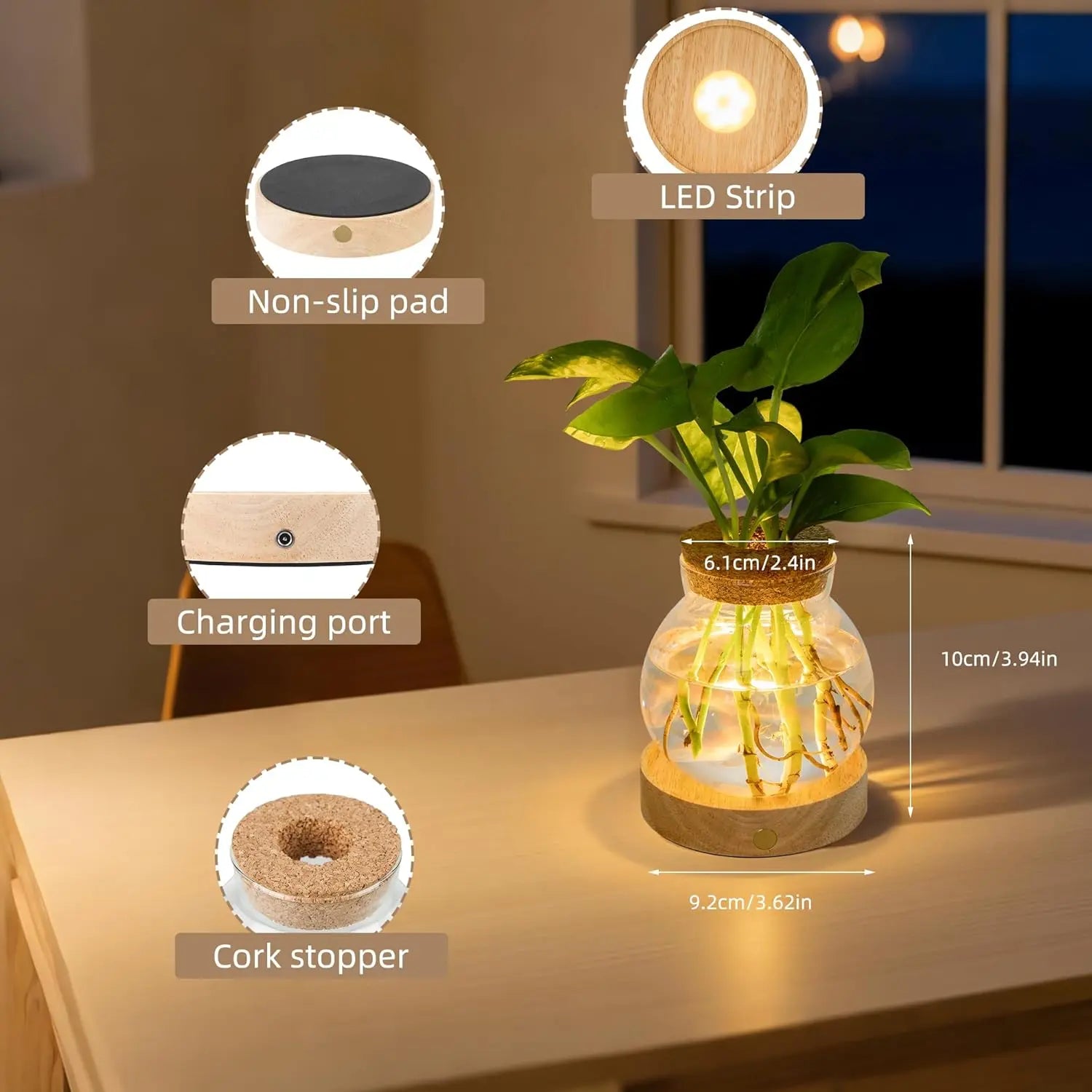 Plant Propagation Station with Wooden Saucer, Glass Terrarium with Stepless Dimming Function Glass Container Vase Jars Gardening Gifts for Mom Women Plant Lovers