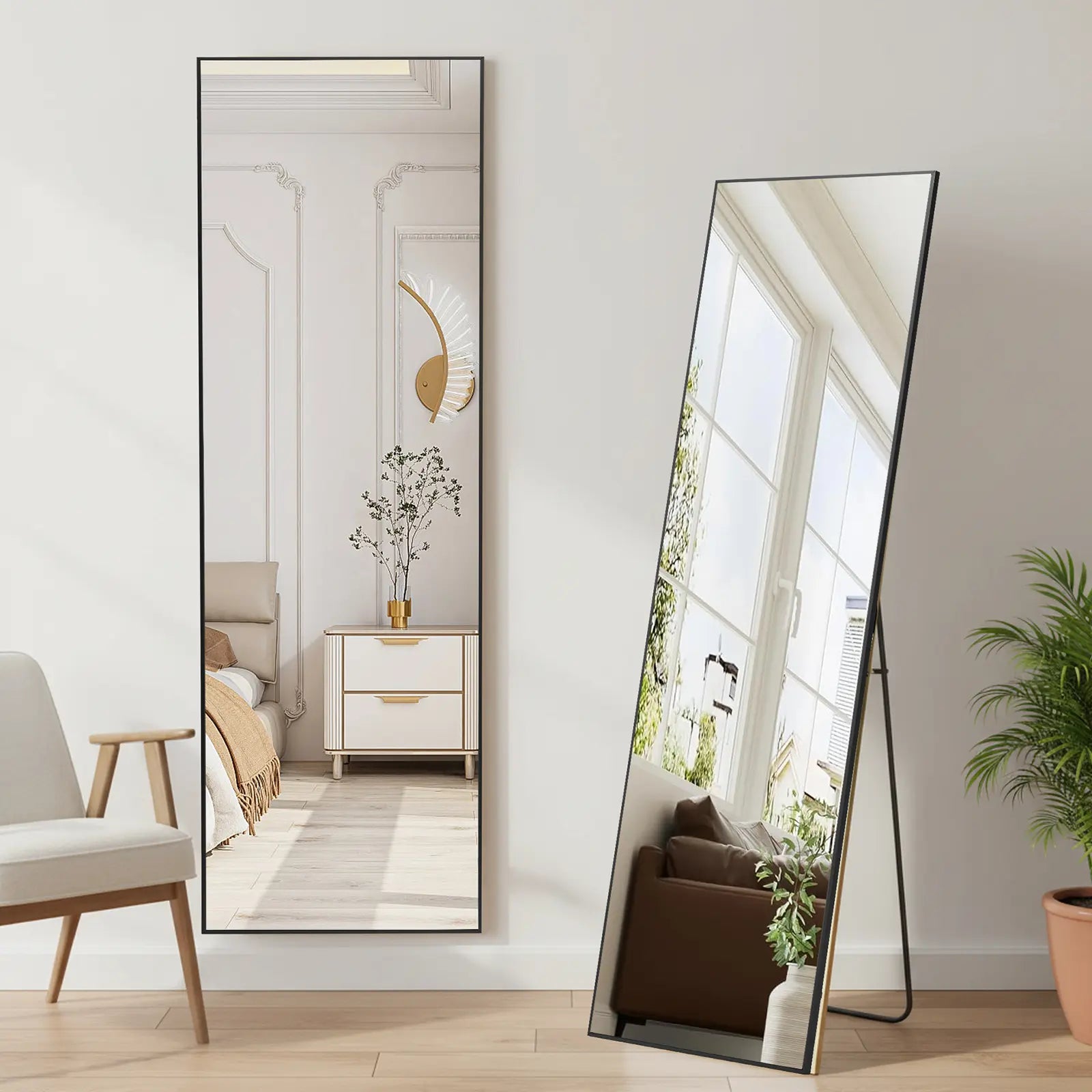 Full Length Mirror, Floor Standing Mirror with Stand, Wall Aluminum Alloy Thin Frame Hanging or Leaning for Living Room Bedroom Cloakroom Decorating