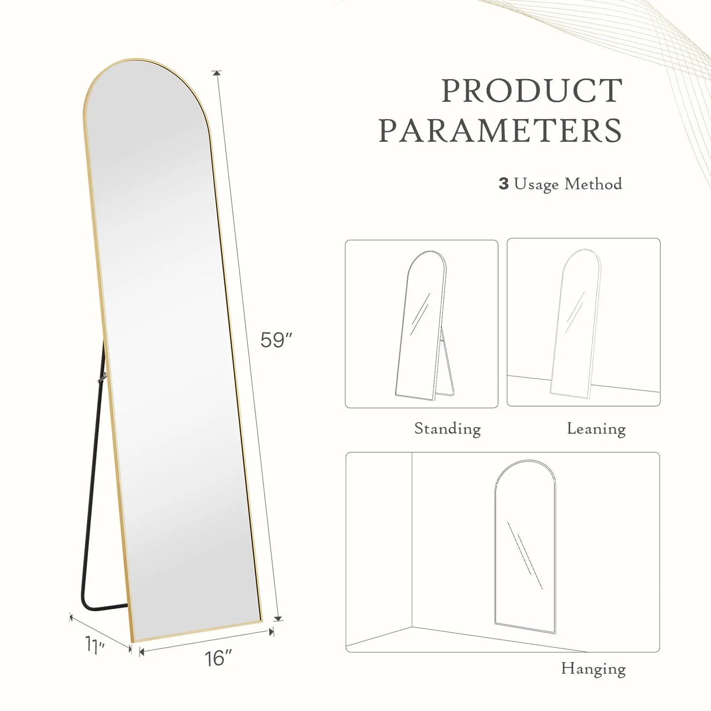 Full Length Mirror, Floor Standing Mirror with Stand, Wall Aluminum Alloy Thin Frame Hanging or Leaning for Living Room Bedroom Cloakroom Decorating