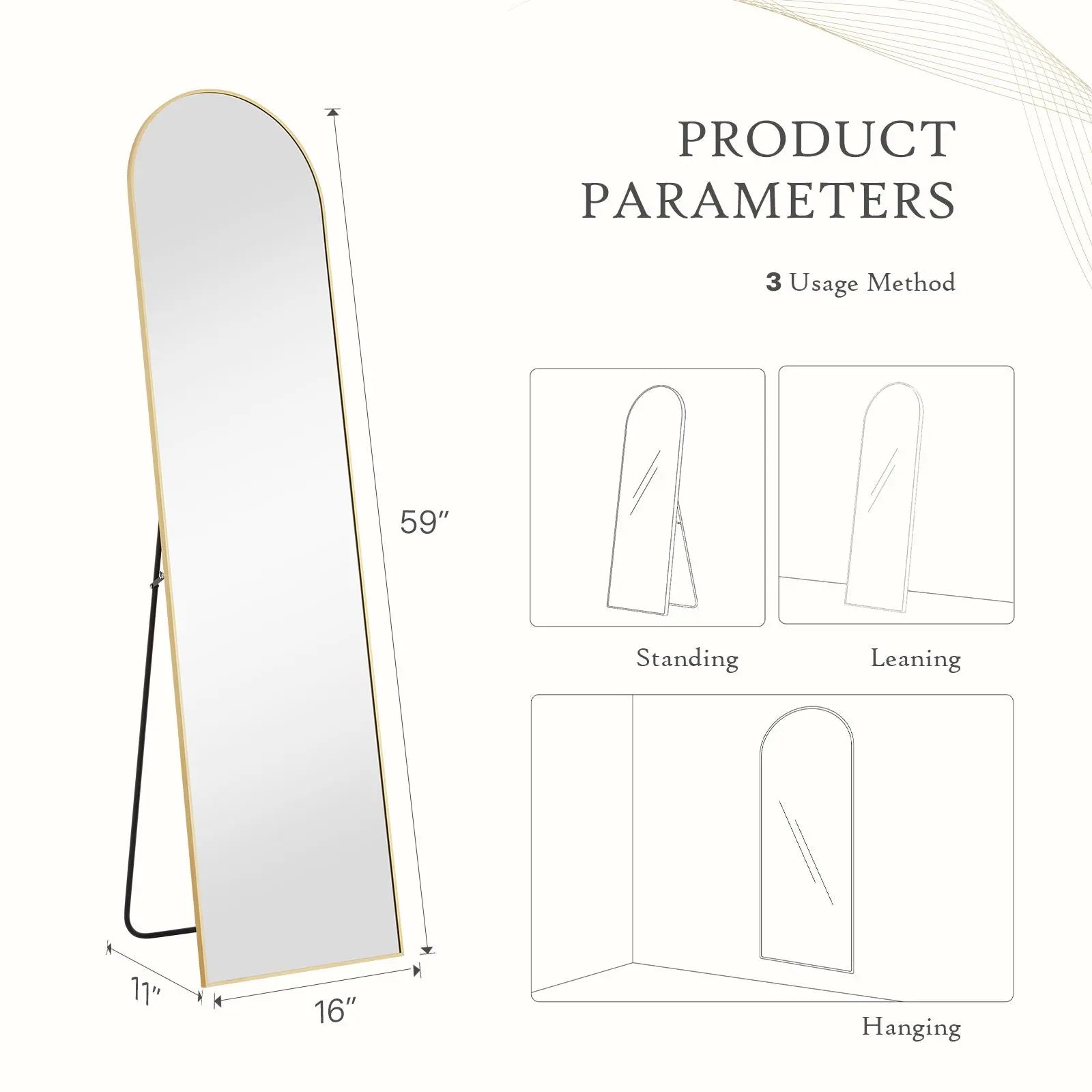 Full Length Mirror, Floor Standing Mirror with Stand, Wall Aluminum Alloy Thin Frame Hanging or Leaning for Living Room Bedroom Cloakroom Decorating