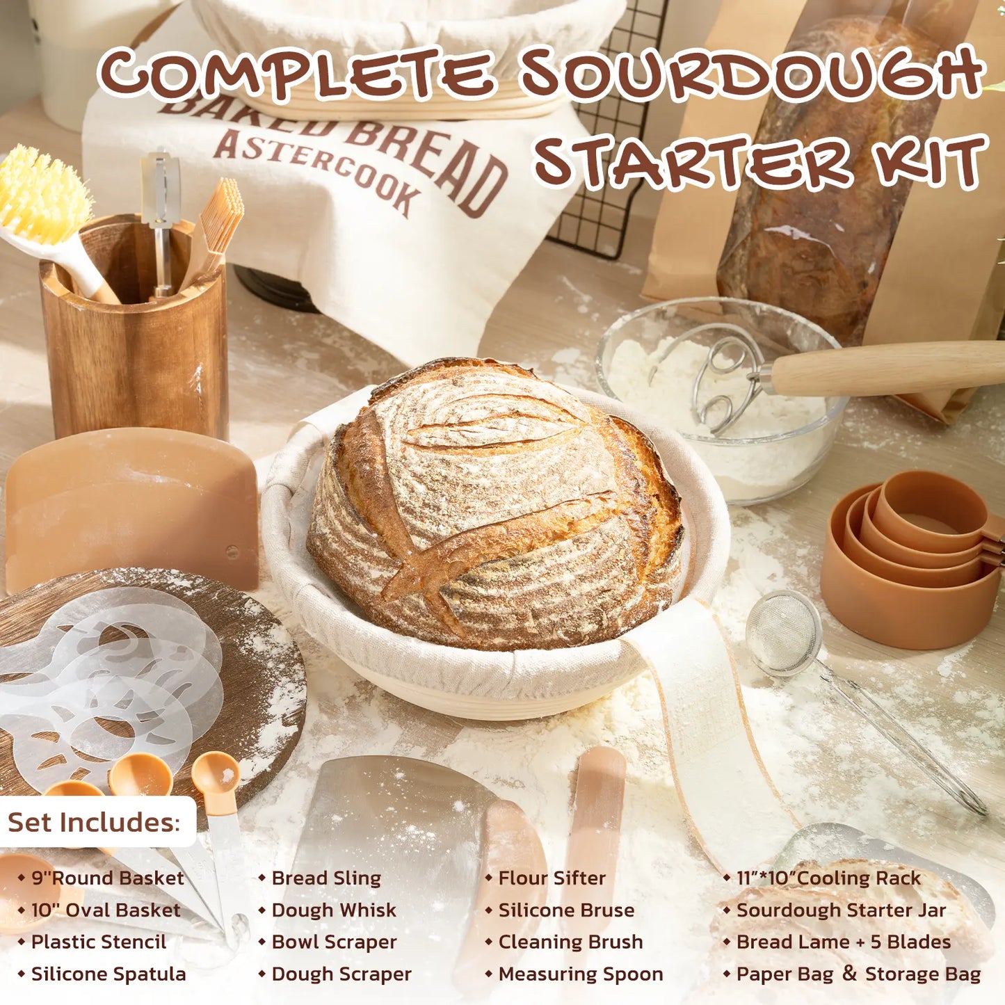 Ultimate Astercook Sourdough Starter Kit - Everything You Need for Perfect Bread Baking with Round & Oval Banneton Baskets!