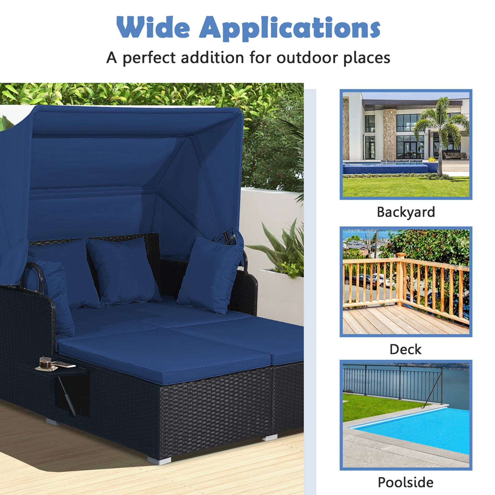 Patio Rattan Daybed Lounge Retractable Top Canopy Side Tables Cushions Navy