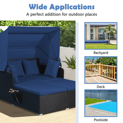 Patio Rattan Daybed Lounge Retractable Top Canopy Side Tables Cushions Navy