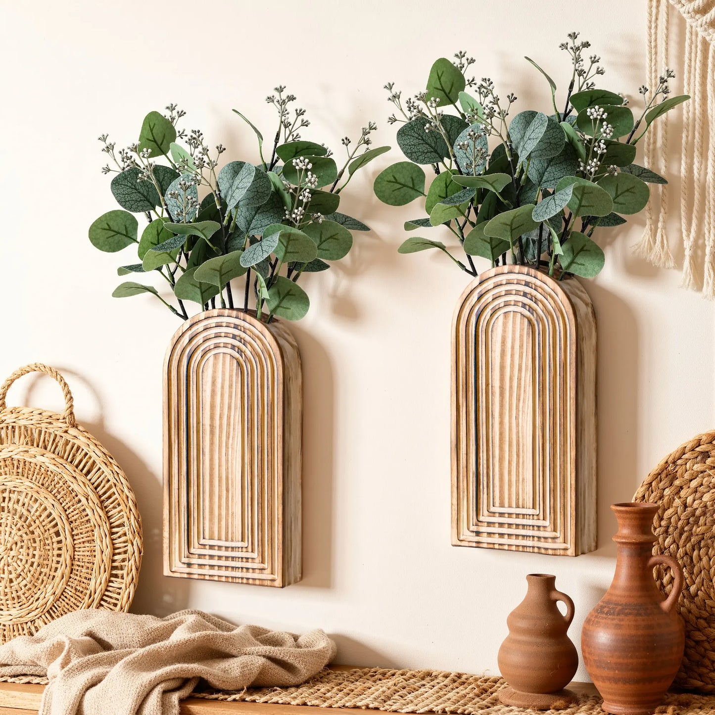 Ivydale 2 Pack Wooden Wall Vases with Fake Plants, Wall Hanging Planters Boho Modern Farmhouse Indoor for Narrow Spaces Entryway Bathroom Home Office Decoration, Brown