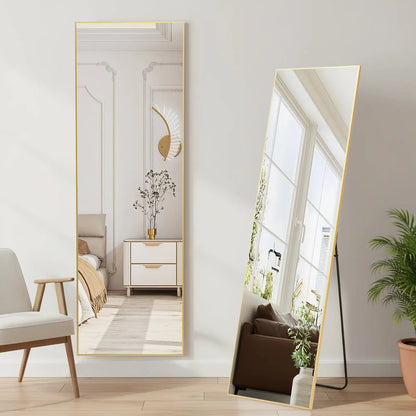 Full Length Mirror, Floor Standing Mirror with Stand, Wall Aluminum Alloy Thin Frame Hanging or Leaning for Living Room Bedroom Cloakroom Decorating