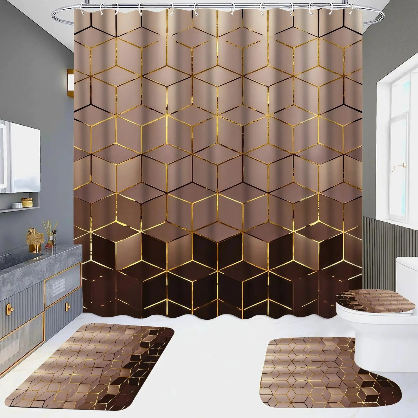 1/4 Piece Golden Cube Pattern Bathroom Set, Waterproof Shower Curtain with 12 Hooks, Non-Slip Bathroom Carpet, Toilet U-Shaped Cushion, Toilet Seat Cover Cushion, Bathroom Decoration, Bathroom Shower Curtain Set, Perfect Mobile Gift.