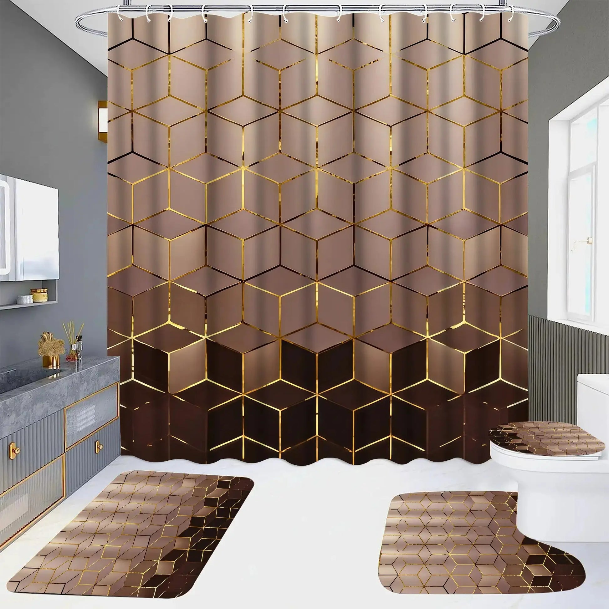1/4 Piece Golden Cube Pattern Bathroom Set, Waterproof Shower Curtain with 12 Hooks, Non-Slip Bathroom Carpet, Toilet U-Shaped Cushion, Toilet Seat Cover Cushion, Bathroom Decoration, Bathroom Shower Curtain Set, Perfect Mobile Gift.