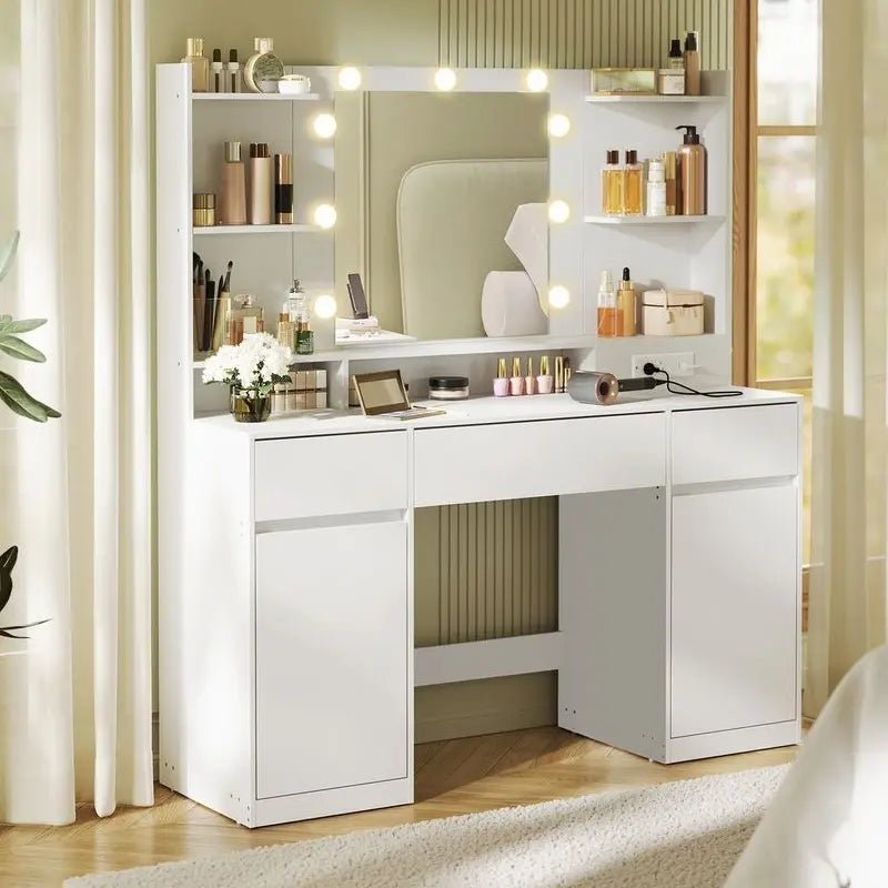 SONGMICS Vanity Desk with Mirror and 9 LED Bulbs, Vanity Makeup Table with Power Outlets, Dressing Table with 2 Cabinets, for Bedroom