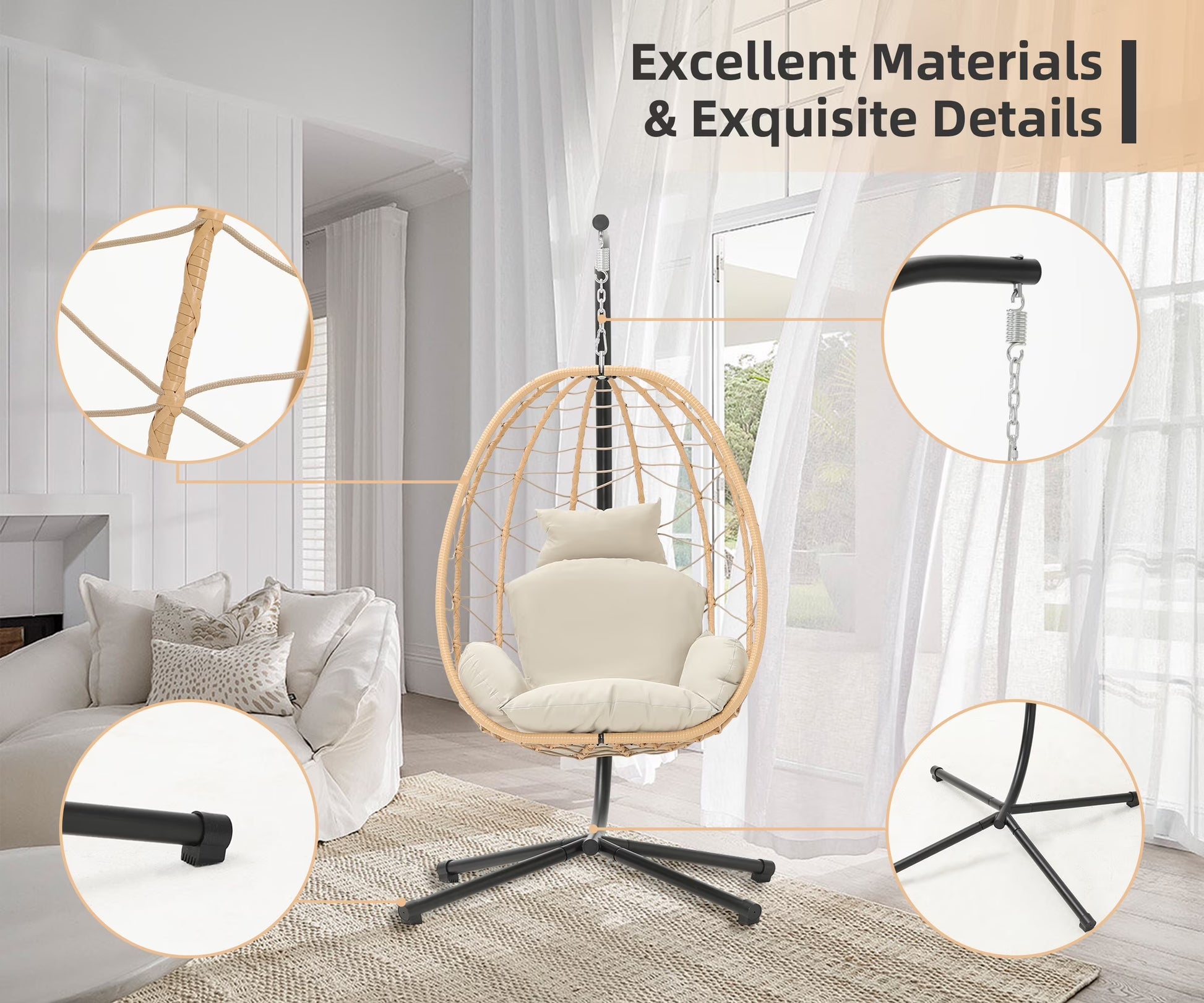 Indoor Outdoor Swing Egg Chair with Stand, Patio Wicker Hanging Egg Basket Chair with Soft Cushion 350LBS Capacity Yellow&Beige