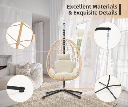 Indoor Outdoor Swing Egg Chair with Stand, Patio Wicker Hanging Egg Basket Chair with Soft Cushion 350LBS Capacity Yellow&Beige