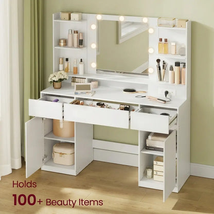 SONGMICS Vanity Desk with Mirror and 9 LED Bulbs, Vanity Makeup Table with Power Outlets, Dressing Table with 2 Cabinets, for Bedroom