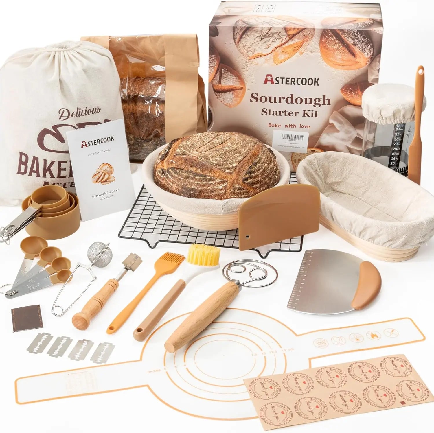 Ultimate Astercook Sourdough Starter Kit - Everything You Need for Perfect Bread Baking with Round & Oval Banneton Baskets!