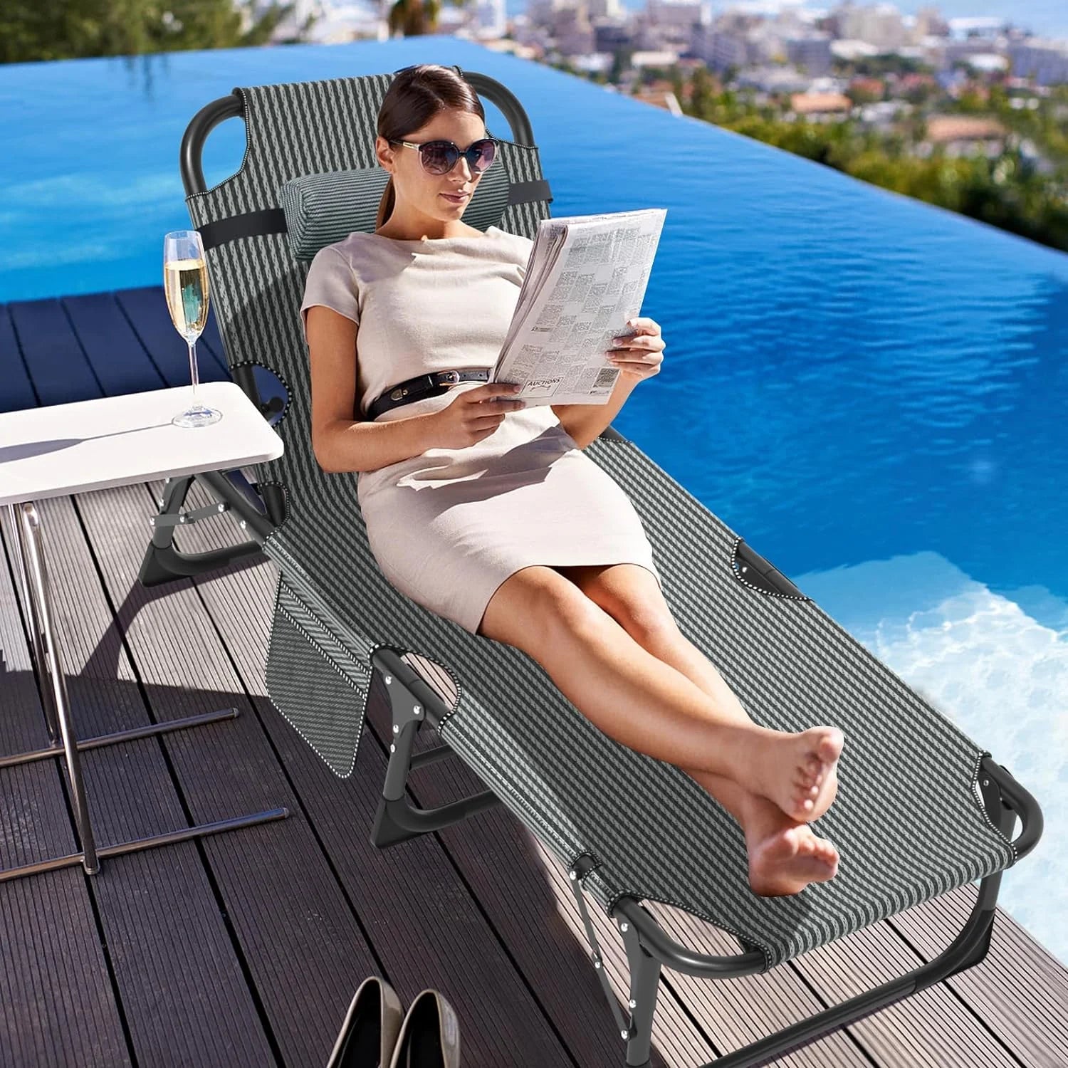 Folding Chaise Lounge Chair 5-Position, Folding Cot, Heavy Duty Patio Chaise Lounges for Outside, Poolside, Beach, Lawn, Camping