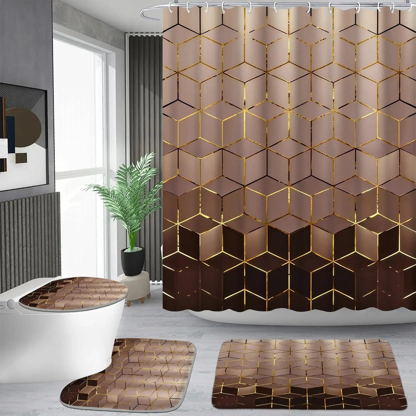 1/4 Piece Golden Cube Pattern Bathroom Set, Waterproof Shower Curtain with 12 Hooks, Non-Slip Bathroom Carpet, Toilet U-Shaped Cushion, Toilet Seat Cover Cushion, Bathroom Decoration, Bathroom Shower Curtain Set, Perfect Mobile Gift.