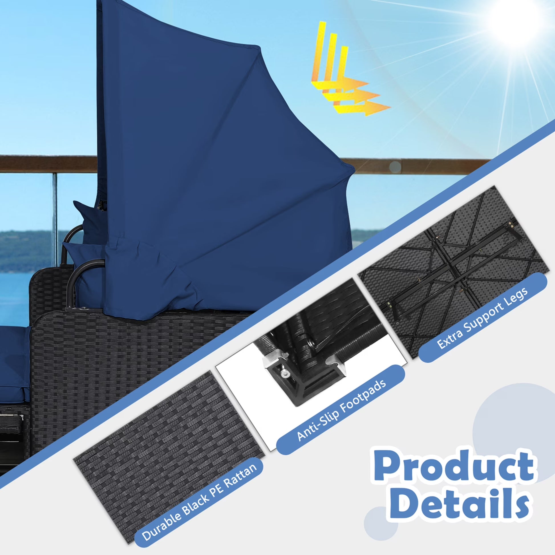 Patio Rattan Daybed Lounge Retractable Top Canopy Side Tables Cushions Navy