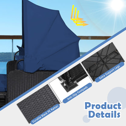 Patio Rattan Daybed Lounge Retractable Top Canopy Side Tables Cushions Navy